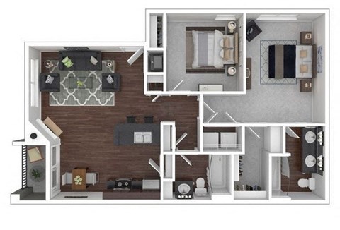 Floor plan for 2 beds, 2 baths, 910 sqft